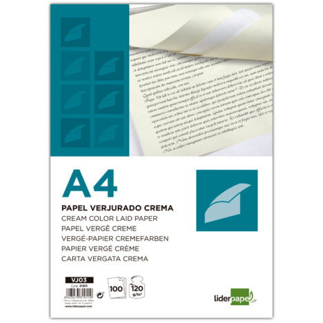Papel verjurado liderpapel a4 120g/m2 crema paquete de 100h