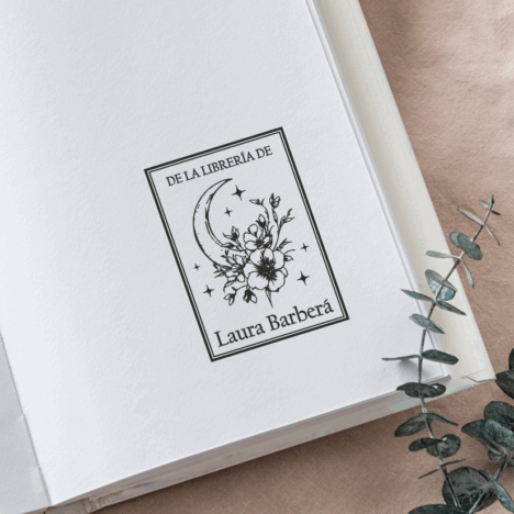 Sello Ex Libris Luna y flores