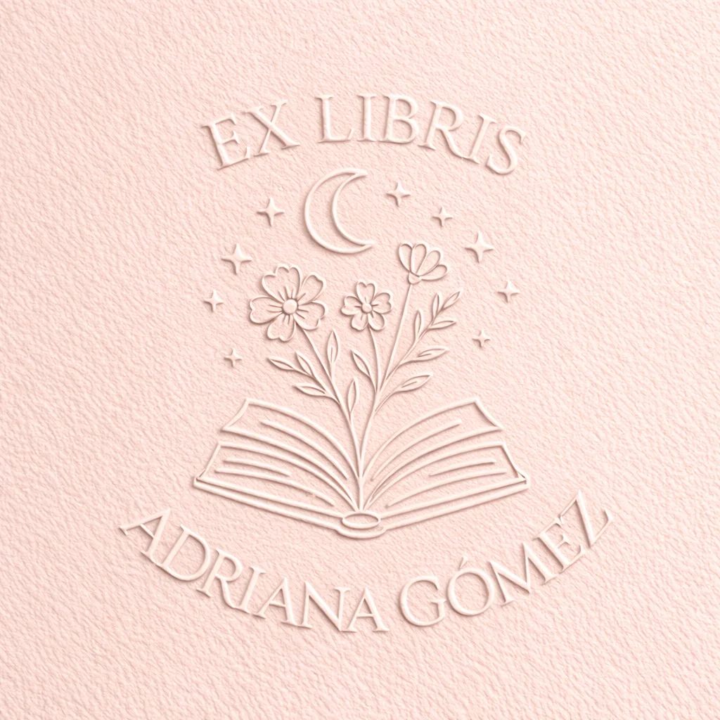 Sello Relieve Ex Libris Libros con flores y luna - Imagen 2