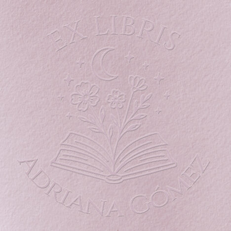 Sello Relieve Ex Libris Libros con flores y luna