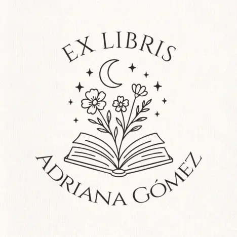 Sello Relieve Ex Libris Libros con flores y luna