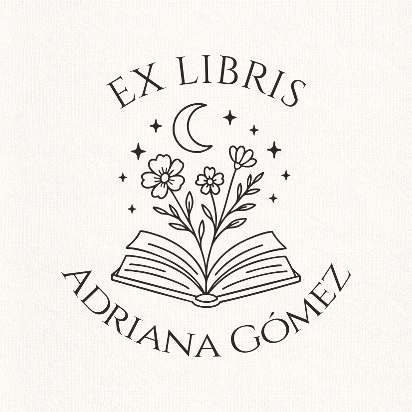 Sello Relieve Ex Libris Libros con flores y luna
